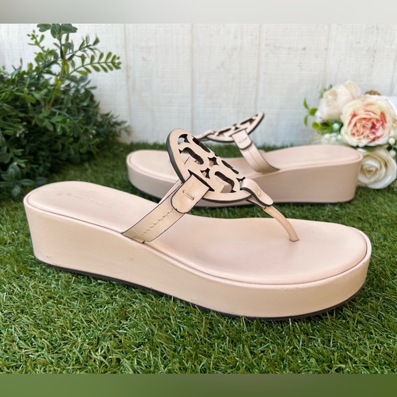 Tory Burch  MILLER WEDGE SANDAL
$275 size 9.5 gently used
Color: Soft Pink - Picture 6 of 16